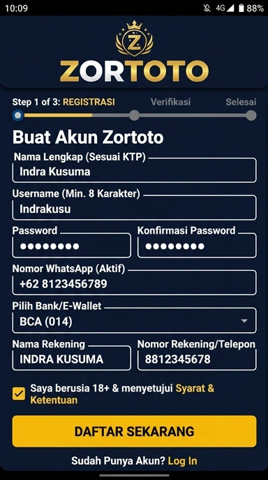 Tampilan halaman daftar zortoto